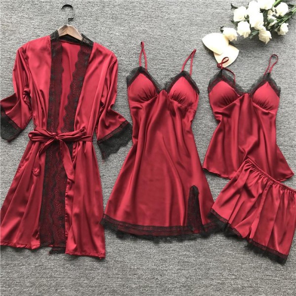 Ny bets Svart Spets Mode Kvinnor Sovkläder med bröstdyna Nattlinne Short Cardigan Set Pyjamas Dark red XL
