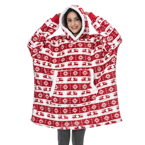 Oversized Teppehettegenser Dame Vinter Hette Wearable Familie TV-teppe Med Ermer Sherpa Fleece Sweat Plaid Hoody Genser Deer red ONE SIZE