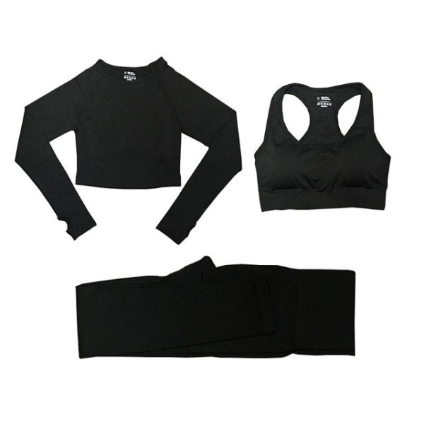 Set Gym Kläder Träningsoveraller Toppar och Leggings för Fitness Sport 3PCS black color M