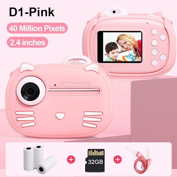 Minibear Barnkamera för Barn Direktkamera 1080P Digitalkamera för Barn Fotokamera Leksaker för Flicka Pojke Födelsedagspresenter T-Paper-10 Rolls