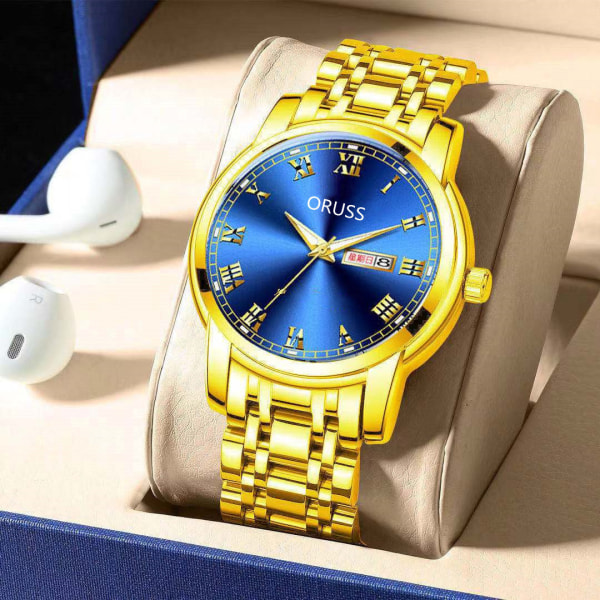 Automatisk mekanisk herreur med kalender, selvlysende, vandtæt, rundt ur med almindeligt glas Roman men's gold strap gold face