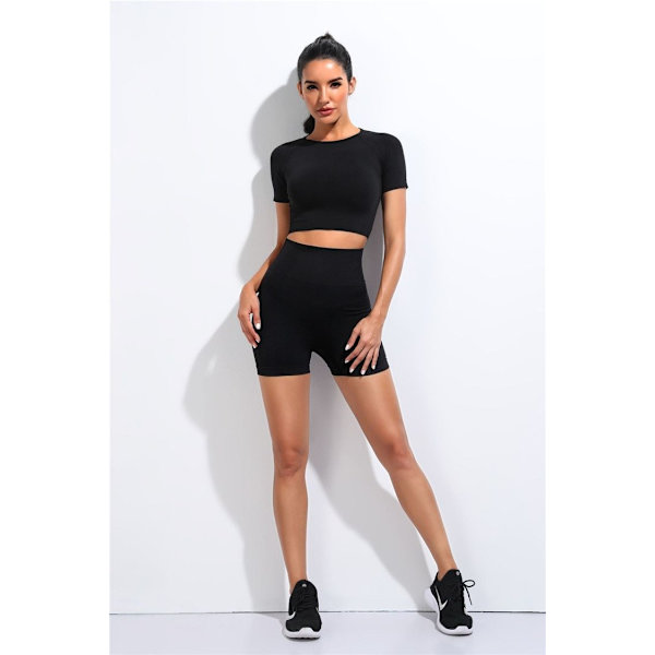 Joogasetti Urheilupuku Treenausvaatteet Lyhythihainen Crop Top Joogashortsit Naisille wine red set M