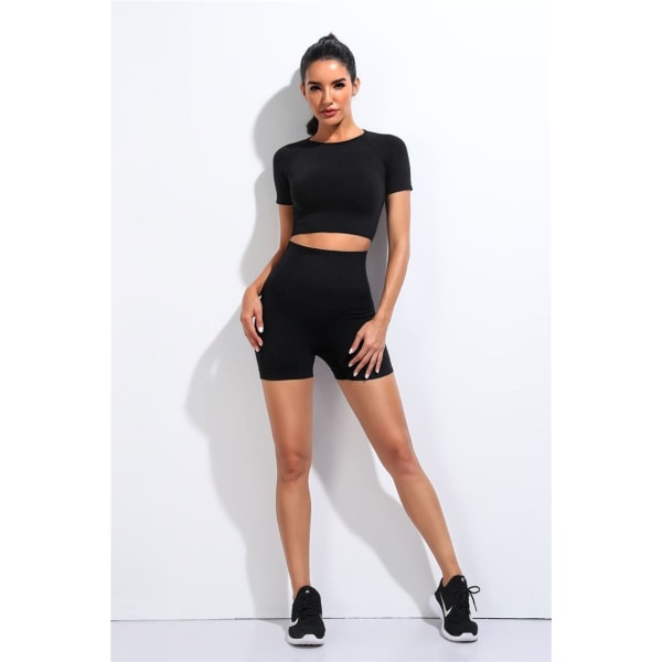 Yoga Set Träningskläder Sportdräkt Kortärmad Crop Top Yogashorts För Kvinnor gray set S