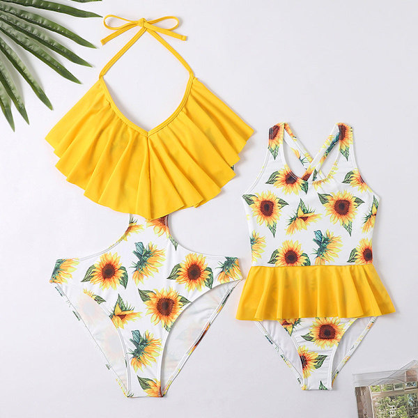 Baddräkt Tryckt Volang Sexig Siamese Cross-Border Bikini Ny Förälder-Barn Baddräkt Badkläder Yellow Children 152 with chest pad