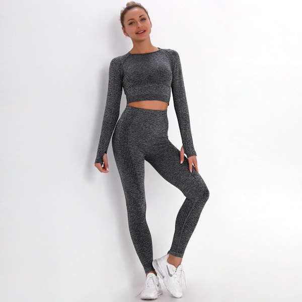 Eurooppalainen ja amerikkalainen pilkkujacquard saumaton urheilupuku pitkähihainen liukuvärjätty kuntojooga-asu kapeat joogahousut naisille 9149 long-sleeve suit-dark gray M