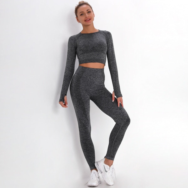 Europeisk och amerikansk Dot Jacquard Seamless Sports Dräkt Långärmad Gradient Fitness Yoga Bär Skinny Yoga Byxor Kvinnor 9149 long-sleeve suit-Black L