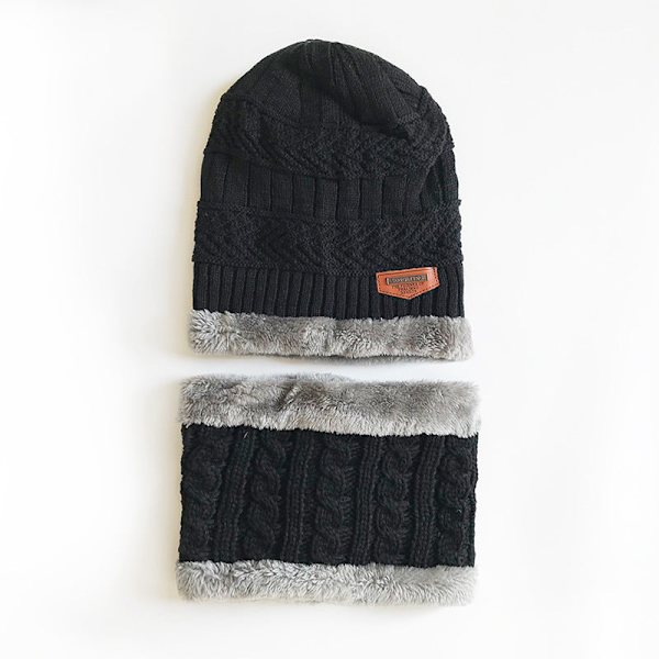 Cat Brother Koreansk Høst og Vinter Herre Strikket Ullue Fleeceforet Fortykket Pullover [Lue Skjerf] Todelt Sett Gray
