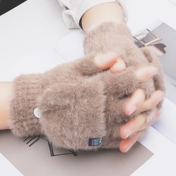 Kawaii Katt Handskar för Kvinnor Mode Flickor Katt Klo Tass Plysch Vantar Varma Mjuka Plysch Korta Fingerlösa Halvfinger Vinterhandskar Khaki1 One Size