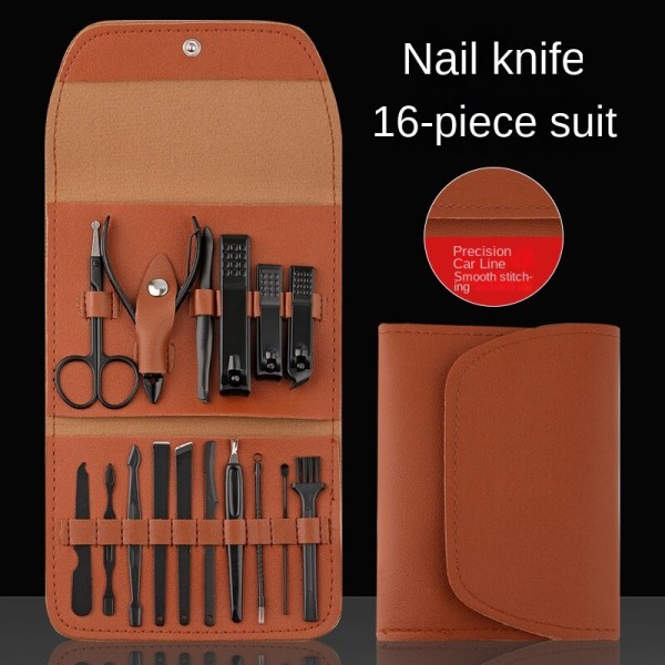 Full set manikyr Nagelskönhet Död hud Hushållsnagelsaxar Set med lådor Pedikyrverktyg Öronrengöring Brown 16-piece set