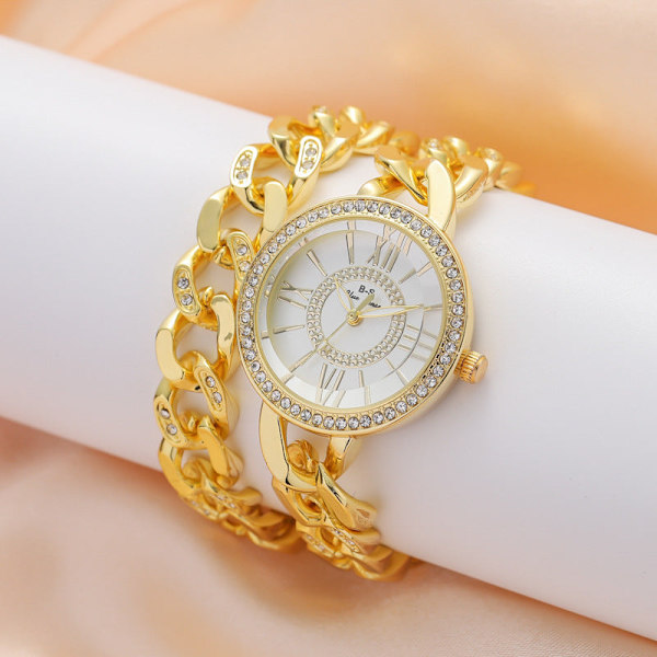 Let Luksus Dameur Romersk Urskive Fuld Diamant Quartz Ur Mode Simpelt Dobbelt Kædeur Silver