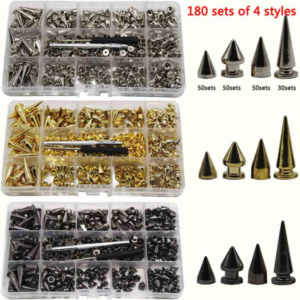 180/80 Set Punk Nit Skruvback Dubbar och Spikes Kit med verktyg Läder Craft Bullet Cone DIY för läderkrage Armband golden 180 sets