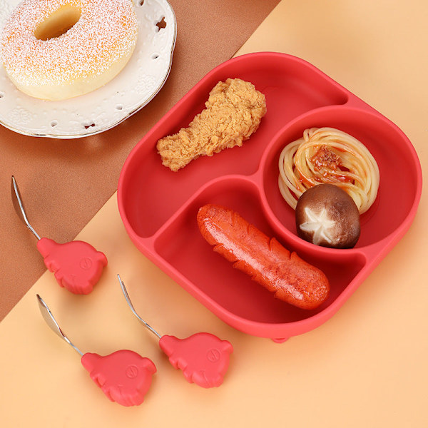 Vauvan haarukka ja lusikka integroidulla silikageelikiinnikkeellä taaperon ruokailuun tarkoitettu lautanen lasten astiasto Curved spork-color box package-pink