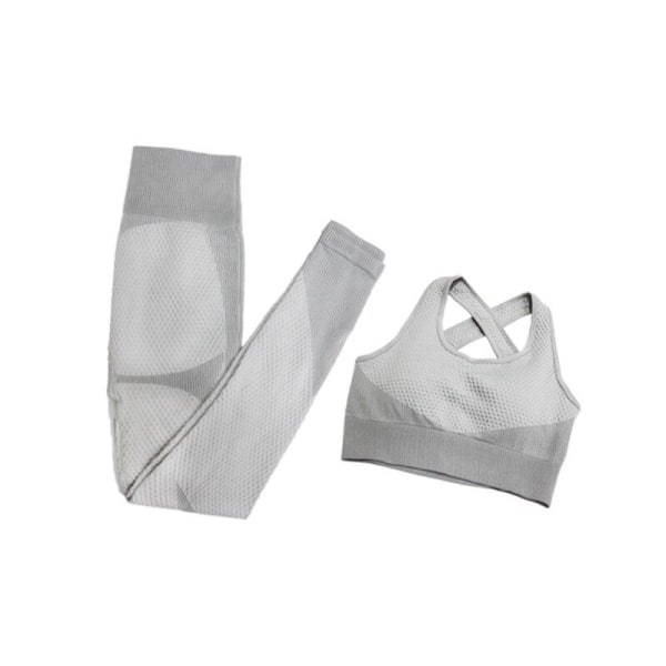 Yoga Set Långärmad Tröja+Sport-BH+Sömlösa Leggings Träningskläder Löparkläder Gymkläder 2pcsBra Gray L