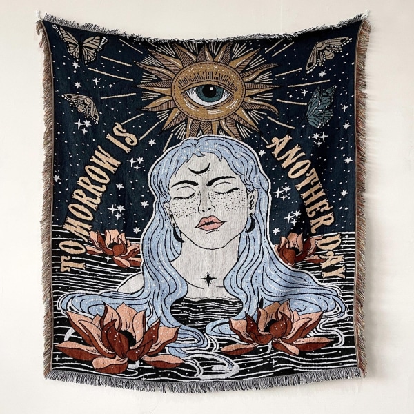 Mystical Eyes -kuvioinen kudottu heittopeitto, seinämatto, sohvanpeitto, makuuhuoneen sisustus, tupsulanka-peitto, suuri heittopeitto, kuvakudos, piknikmatto Xt01-3 130x150cm