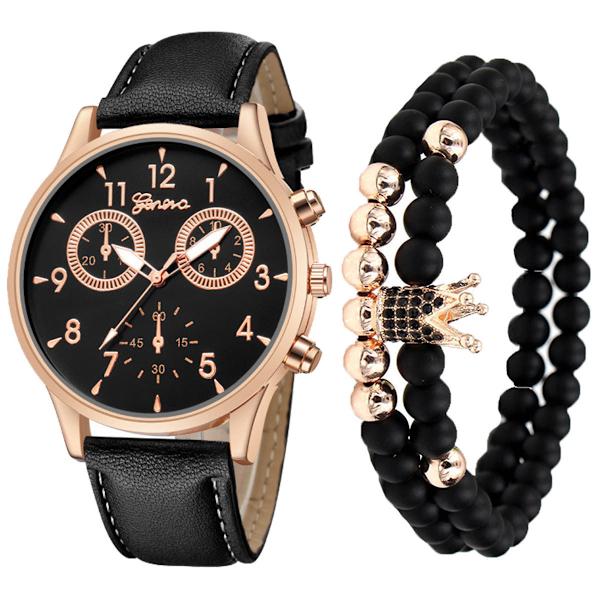 Herr Mode Kreativ Falsk Tre-Ögon Bälte Quartz Klocka Armband Set All black suit