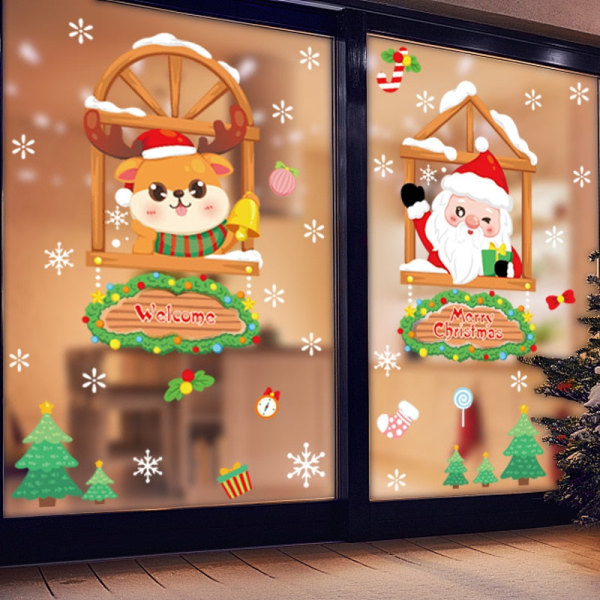 Jultomten Älg Snöflinga Elektrostatiska klistermärken Köpcentrum Glasfönsterklistermärken God Jul Dekor för hemmet 4pcs