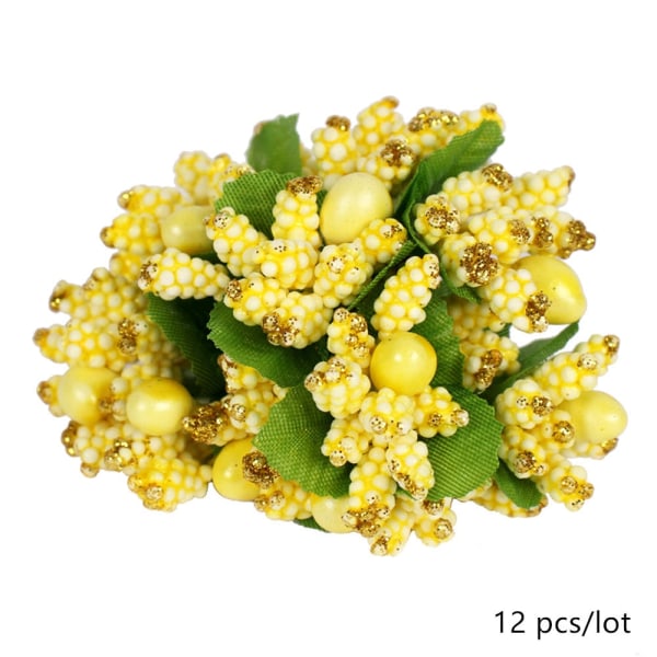 Gula Konstgjorda Blommor Frukt Körsbär Ståndare Bär Knippe DIY Tårta Jul Bröllop Fest Presentförpackning Kransar Heminredning 4