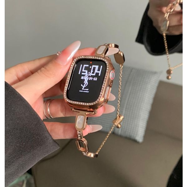Kellon ranneke Apple Watch iWatch 44mm 4/5/6/SE sukupolvelle Kulta + timanttikotelo