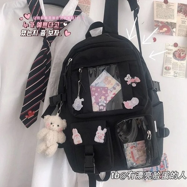 Sød Dame Multi-lomme Vandtæt Skole Rygsæk Junior High School Studerende Skoletaske Kvinde Pige Rygsæk Laptop Bogtaske Black with Bear