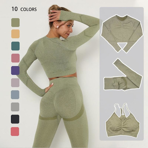 Yoga Sett Sportsdrakt Dame Trenings Sportsantrekk Fitness Sett Klær Armygreenbraset S