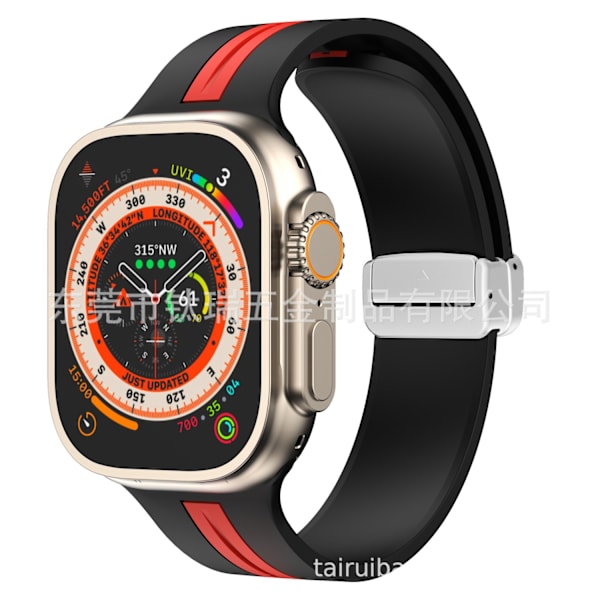 Kellon ranneke Apple Watch iWatch 42/44/45/49mm musta ja punainen hopeasolki
