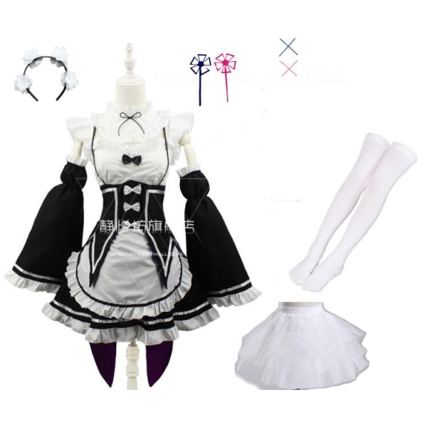 Ram/Rem Cosplay Re:zero Kara Hajimeru Isekai Seikatsu musta sininen punainen asu piika palvelijatar mekko package 8 XL