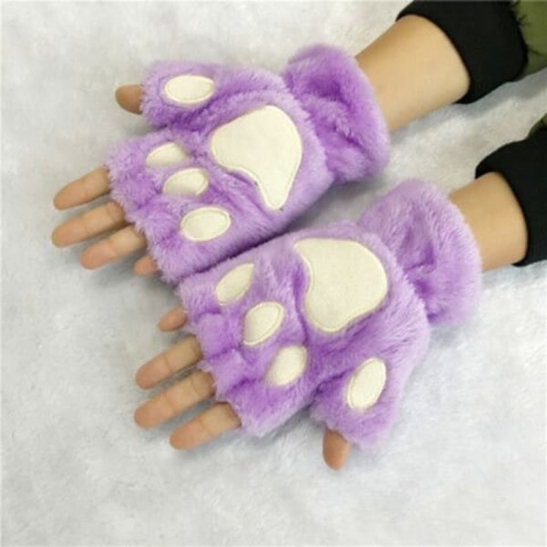Kawaii Katt Handskar för Kvinnor Mode Flickor Katt Klo Tass Plysch Vantar Varma Mjuka Plysch Korta Fingerlösa Halvfinger Vinterhandskar Pink One Size