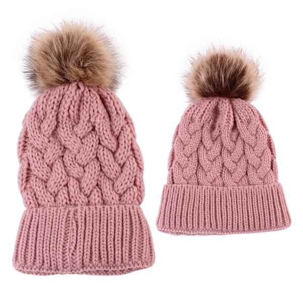 Stor Hampblomst Foreldre-Barn Genser Strikkelue Høst og Vinter Pelsball Ullue Pink Parent-child hat
