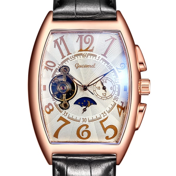 Watch Tonneau Mekanisk Watch Hjul Automatisk urholkning Mekanisk watch Rose gold shell black surface