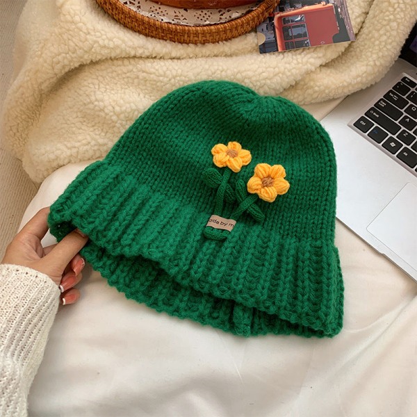 Söta Blommor Ullmössa Dam Höst och Vinter Koreansk Stil Litet Ansikte Stickad Hatt Japansk Stil Stor Huvudomkrets Varm Allmatchande Hatt Red M(56-58cm)