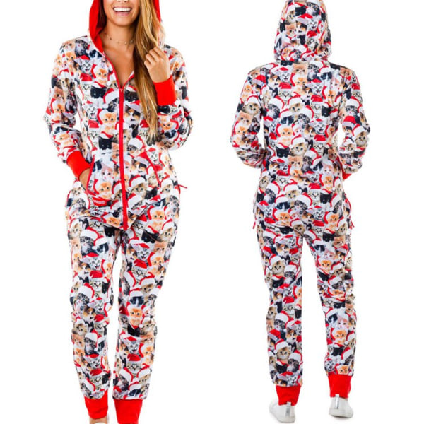 Jul-pyjamas i ett stycke för damer med huva, tomtemönster, mysiga vuxenoveraller, festliga hemmakläder Grid M