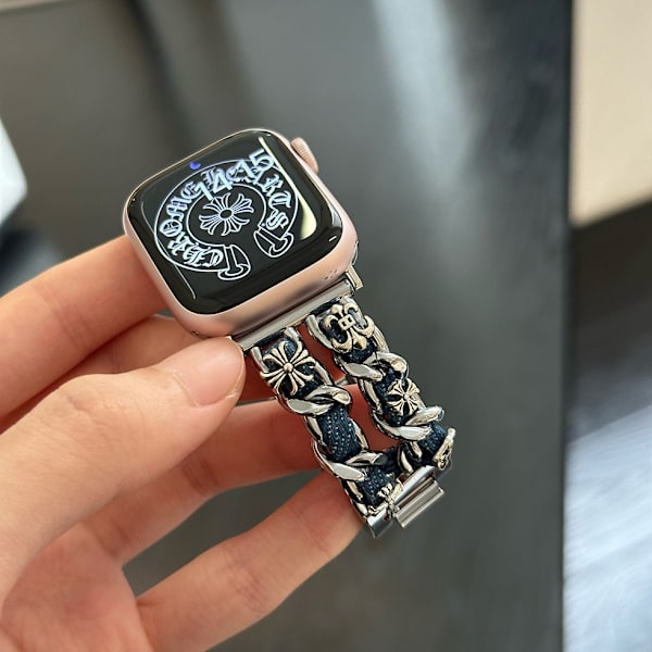 Kellon ranneke Apple Watch iWatch 41/40/38MM Hopea + Deniminsininen