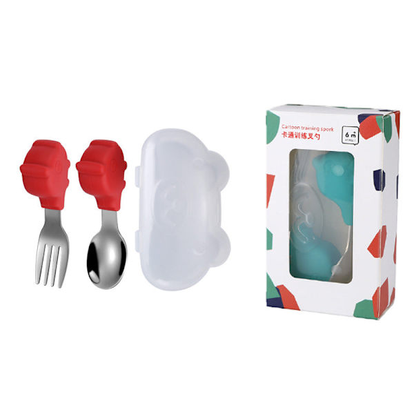 Vauvan haarukka ja lusikka integroidulla silikageelikiinnikkeellä taaperon ruokailuun tarkoitettu lautanen lasten astiasto Straight spork-color box package-Red