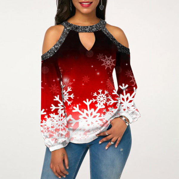 Christmas Outfit Damkläder Bright Crystal Patchwork Cold-Soulder Julkläder Christmas wine glass XL