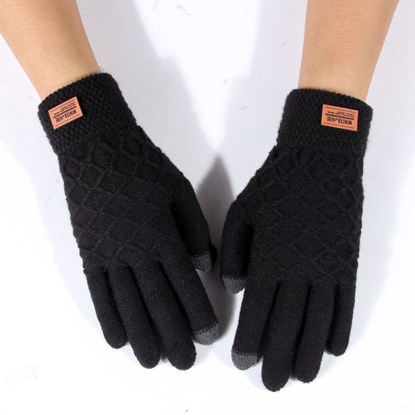 Höst Vinter Män Stickade Handskar Pekskärm Högkvalitativ Ull Enfärgad Handskar Herr Vante 11762-Rhombus-Black Elastic stretchable