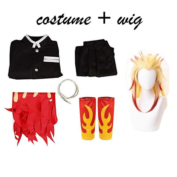 Demon Slayer Rengoku Kyoujurou Cosplay Kostym Kimetsu No Yaiba Kimono Uniform Peruk Halloween Kostymer för Kvinnor Män Barn costume and wig One Size