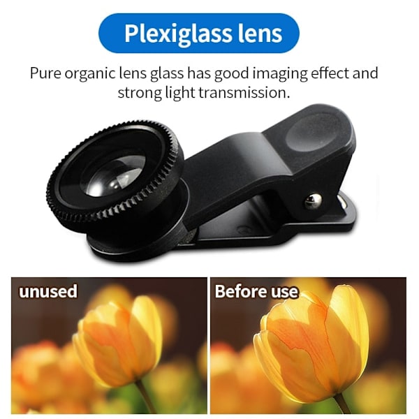 Mobiltelefon Extern Lins Fisheye Vidvinkel Makro Glaslins 3-i-1 Lins Black