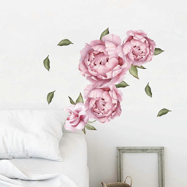 Rosa Blommor Väggdekaler Akvarell Pion Ros Väggdekaler för Sovrum, Delikata Pioner Blommiga Väggaffischer Vinyl Skala och Fäst Blomkonst Muraler