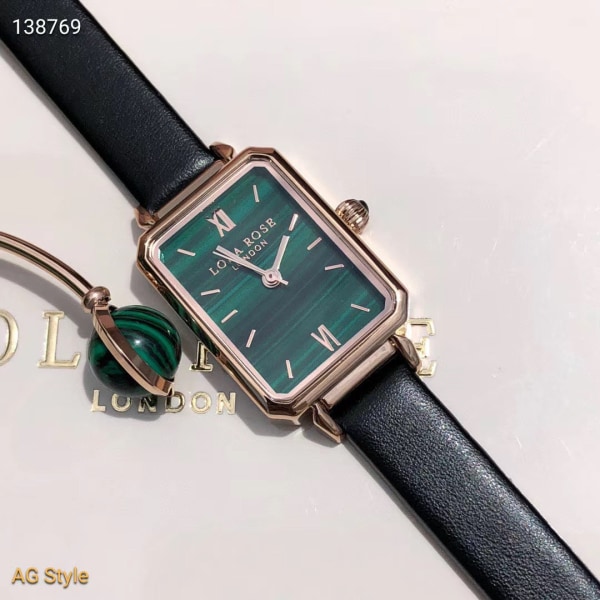 Lola Rose Lille Grøn Ur Sæt Roller Lille Gyldent Ur Firkantet Britisk Stjerne Ur Pige No. 8 square shell black leather