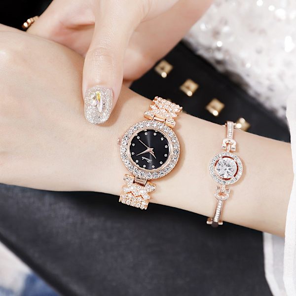 Koreansk Enkel Temperamentsfull Trendig Liten Urtavla Diamant Student Mode Damklocka Silver black surface