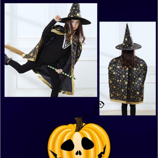 Halloween Cape Med Hatt Stjärnmönster Pumpa Cape Cosplay Kostymer Halloween Kostym För Barn Pojkar Flickor Fest Födelsedag 80 cm Black One Size