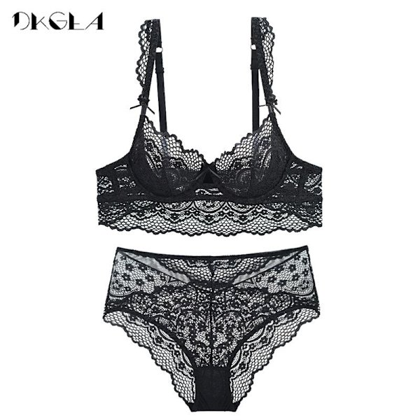 Dame Hollow Out Blonde BH-sett Sexy BH Ultratynn Undertøy Pluss Størrelse Black 75D