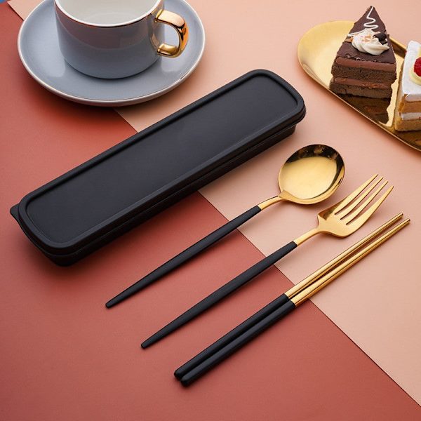 Rustfritt stål Praktisk Bestikk Spisepinner Skje Sett Portugisisk Bestikk Tredelt Sett Gave til Studenter Black and Gold three-piece set