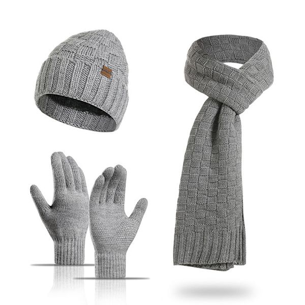 Ullskjerf Fortykket High-End Vinter Termisk Rutete Lue Skjerf Hansker Tredelt Sett Red