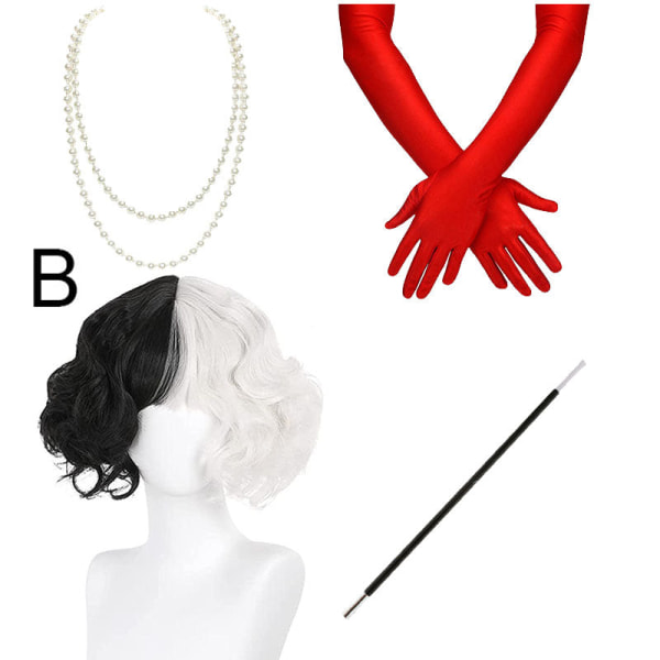 Halloween Cosplay Cruella De Vil Kuila Halv Svart Halv Hundra Små Korta Curly Cos Peruk Peruk Kepsar för att göra peruker Danganronpa C One size