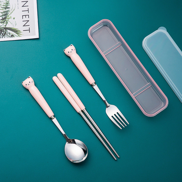 Keramisk Servisesett i Rustfritt Stål Tegneserie Barnas Servise Student Reise Bærbart Servise Blue three-piece set