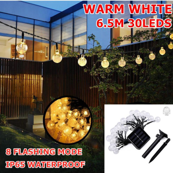 8 Moduser 6,5M Solcellelampe Krystallkule LED Lyslenke Blink Vanntett Eventyrlys Garland for Utendørs Hage Julebryllupsdekorasjon Warm white 6.5M/30LED