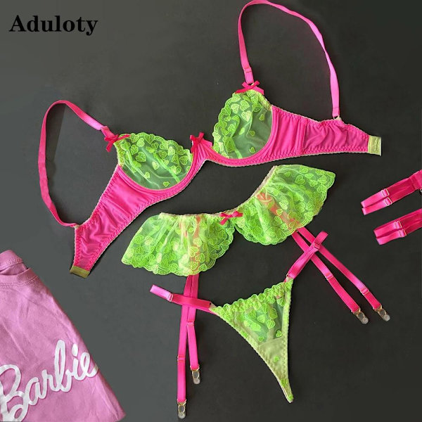 Sexig Stringtrosa Spets Push Up BH Set Underkläder Dam Underklädesset Intim Broderi Blommig Svart Vit BH Trosset Green M
