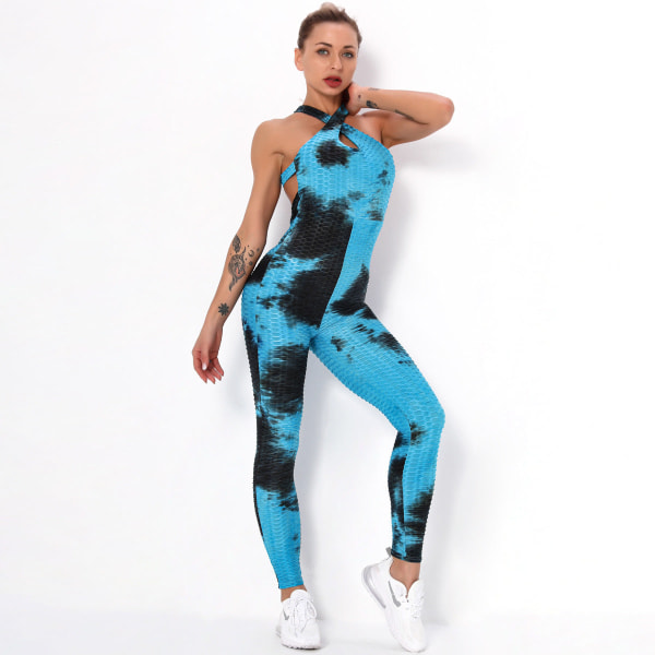 Europeisk och amerikansk Sexig Cross Tie-Dyed Skönhet Rygg Yoga Kostym Dam Fitness Sport Bubble Flerfärgad One-Piece 6225 jumpsuit-yellow and black L