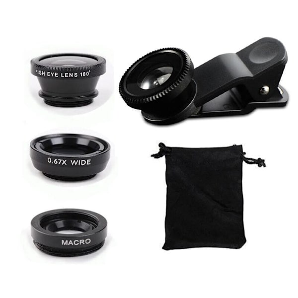Fisheye Vidvinkel Makro Akrylglaslins Tre i En Lins Mobiltelefon Extern Lins Black